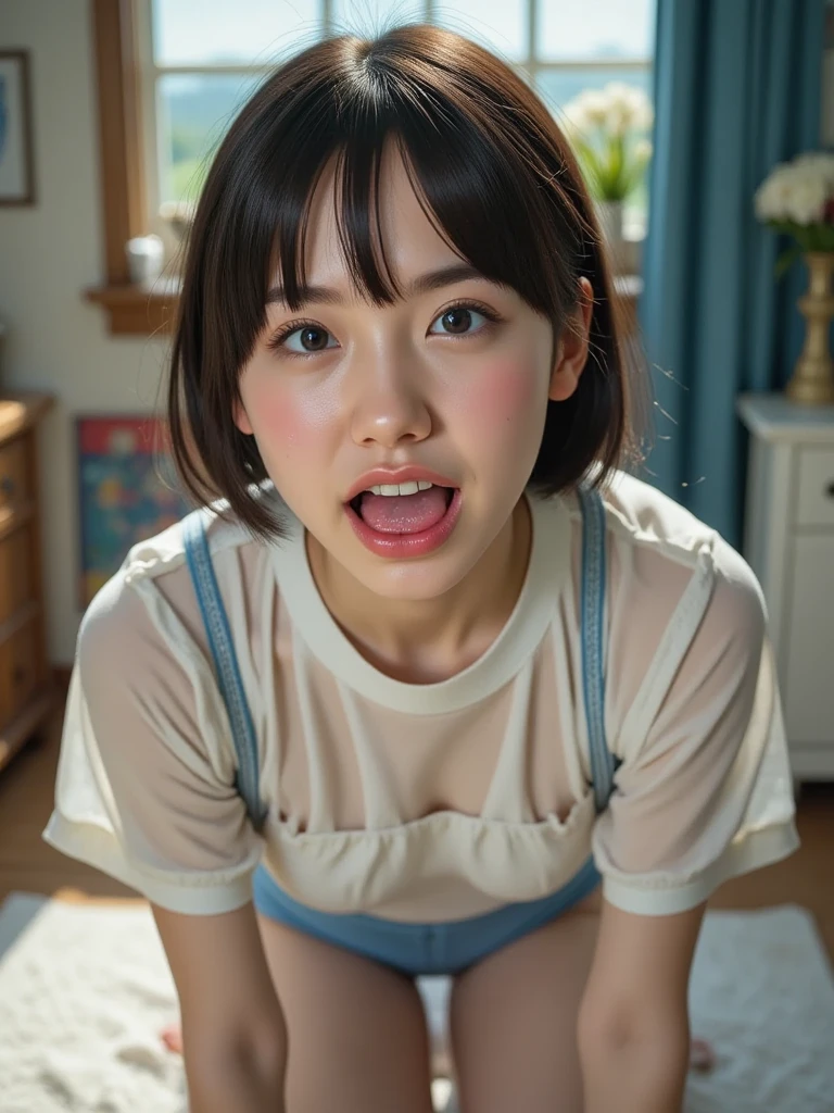 1girl,low tied hair,black hair,looking at viewer,best quality,indoors,open mouth,high quality,small breasts,hair ribbon,student,white shirt,panty,close up,cute,stocking ,(wet_clothing,:1.4)cum in mouth,close up,(cum_drip,)(_juice,)(((evil smile,)))sweats,((highres, ))sitting,crying ,pleated skirt,tentacles sex,(cum in mouth,)closed eyes