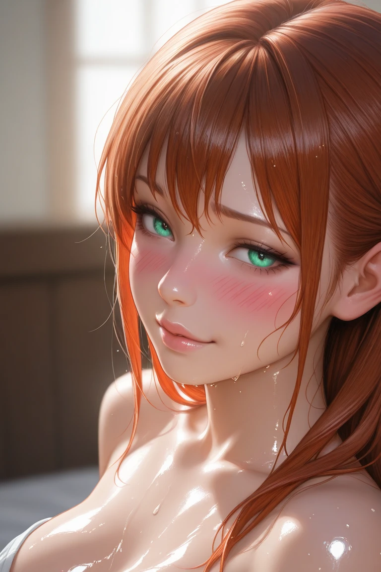 (8k, RAW photo, photorealistic:1.25) ,( lipgloss, eyelashes, gloss-face, glossy skin, best quality, ultra highres, depth of field, chromatic aberration, caustics, Broad lighting, natural shading,Kpop idol,red eyes, red hair, naked,red cap) looking at viewer with a serene and goddess-like happiness
