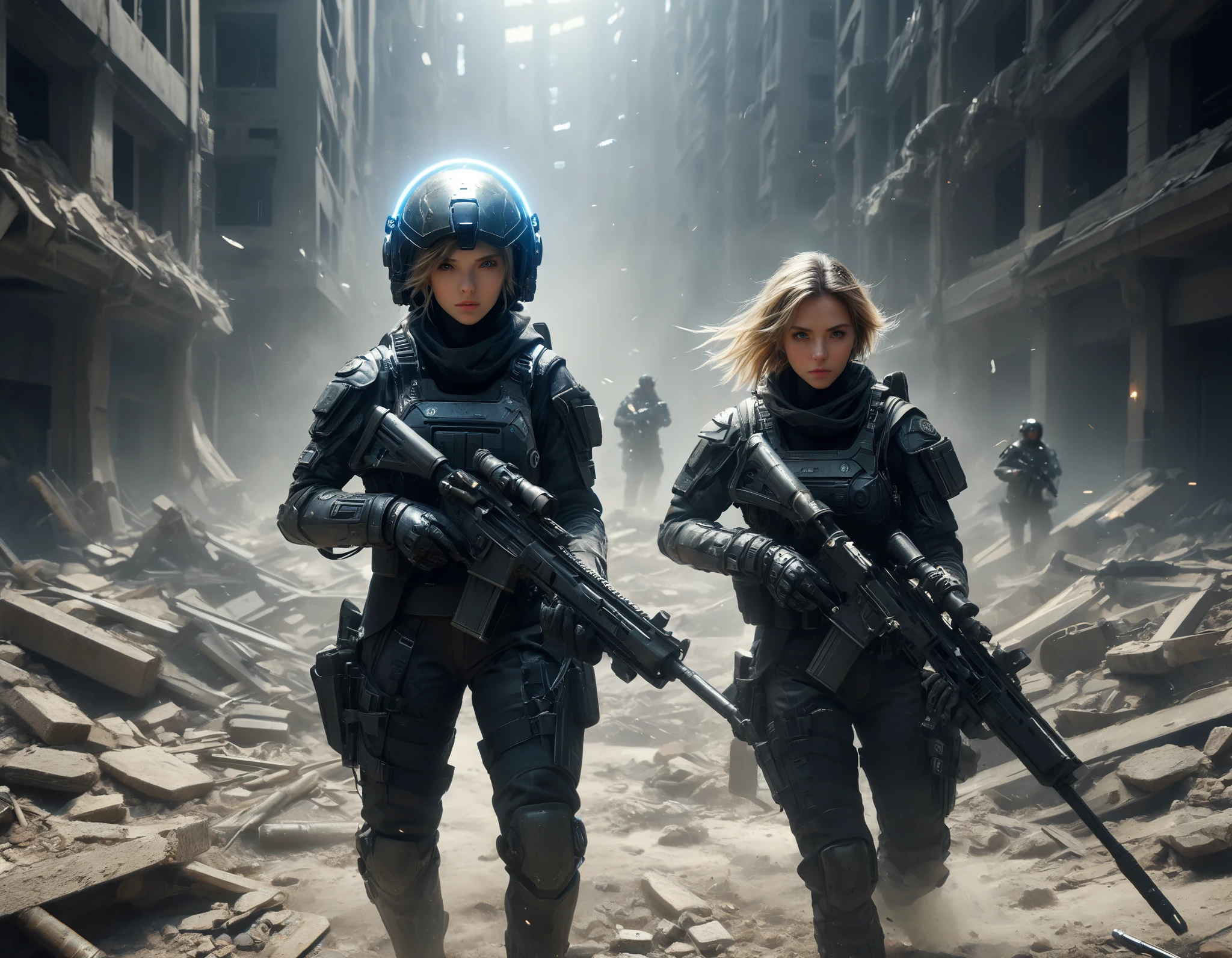 ((best quality)), ((masterpiece)), accurate, high details, Weaponized gloves, mechanical armor, heavy cavalry, science fiction movies, urban warfare, female soldier, major, Hide behind rubble, aim at enemy soldiers. Remove helmet, Shake her sweaty hair