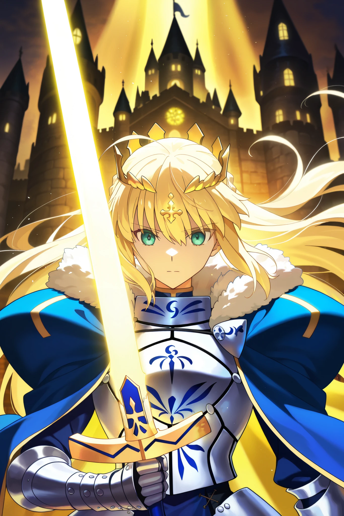 very aesthetic, highres, newest, anime screencap, anime coloring, 2d, 1girl, artoria pendragon (fate), detailed facial features, elegant posture, serene expression, beautiful flowing hair, ornate armor, glowing sword, medieval fantasy castle, magical atmosphere, dramatic lighting, digital painting, masterpiece, 8k, ultra-detailed, vivid colors, cinematic composition