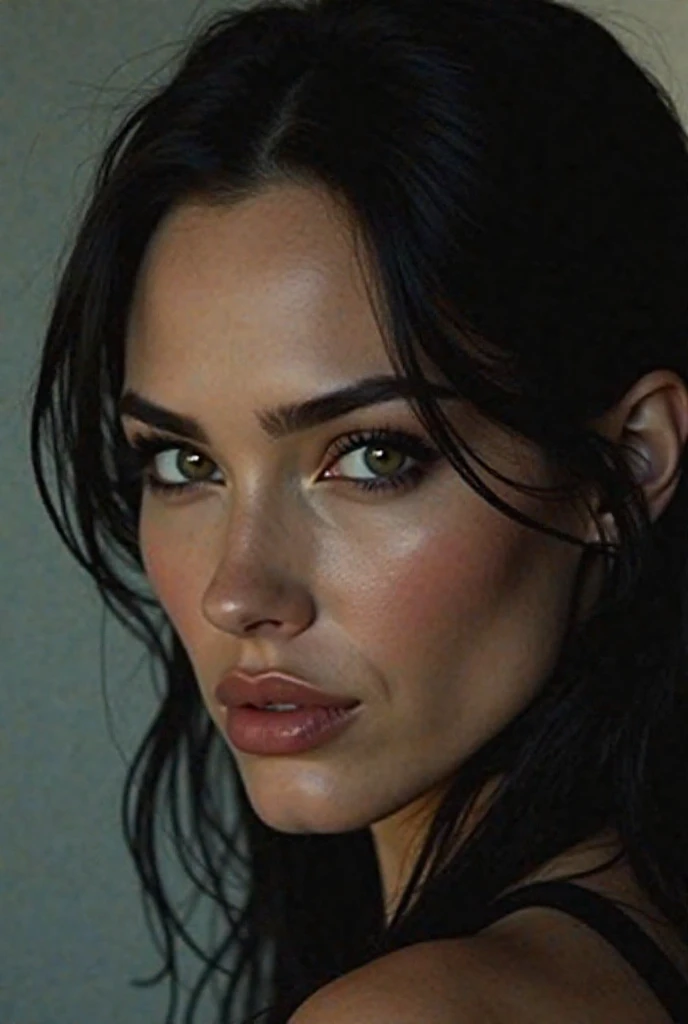 raw photo, bust portrait, Megan Fox, simple dark background, spot lighting, backlight, cool lighting