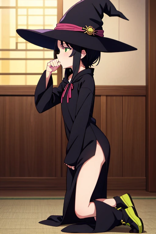 Juru、Brown Hair、cute、A calm face、Witch Hat、Robe、masterpiece、Highest quality、Best image quality、((((Only the transverse hair is long))))、short hair Nipple Emphasis Nipple erection Spread your legs Vaginal opening showing off the inside of the vagina Vaginal exposure