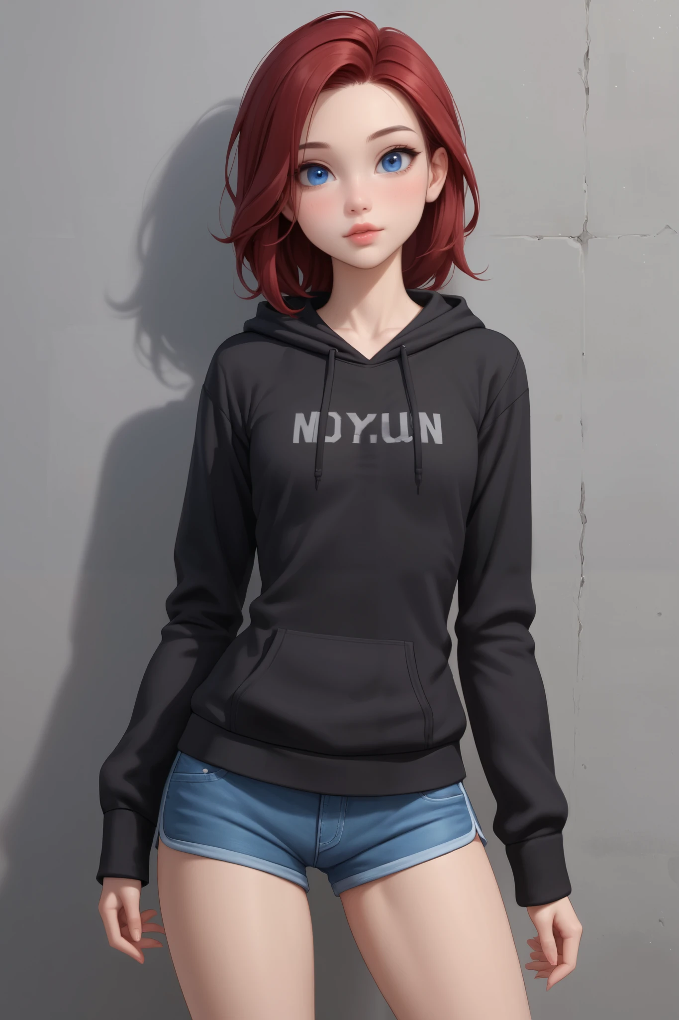 portrait, 1girl, young woman dark red hair, blue eyes, lips, cute, young, black hoodie, shorts, adult, slim body, bigger chest