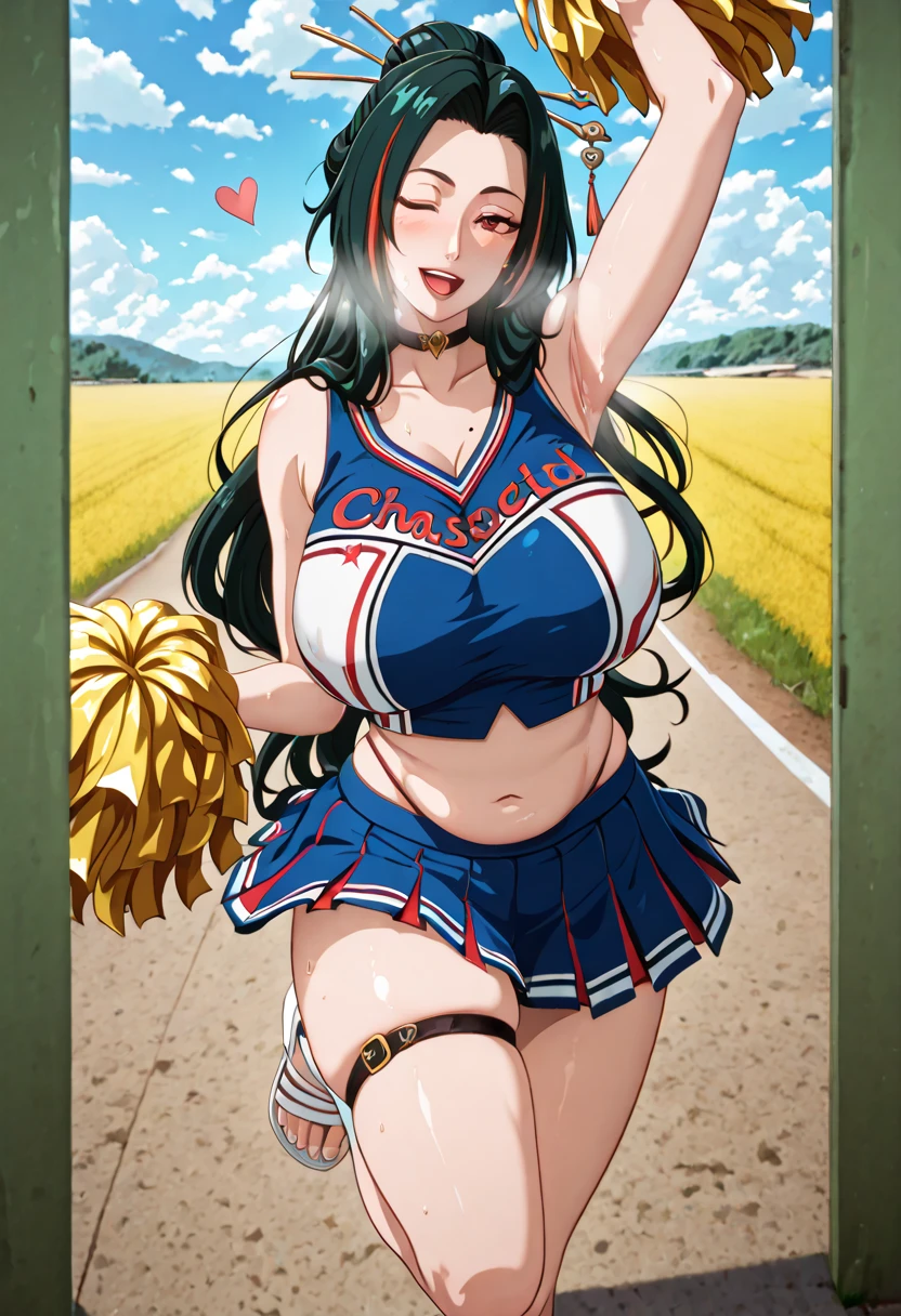 greatm8, babu-style, anime coloring, anime screencap, anime-style detailed background, vignetting, masterpiece, high quality, absurdres, best quality, very aesthetic, newest, dynamic composition, anatomical correct, HD, 4K, digital art, trending on ArtStation, ((anatomical correct)), perfect body, perfect eyes, perfect fingers, gasping, heavy breathing, gasping profusely, cinematic, ((skindentation)), ((curvy)), Ji_Yu_ToF, default_outfit, hair stick, red eyes, mole, hair ornament, long hair, large breasts, makeup, red lips, mole under eye, very long hair, black hair, lipstick, hairpin, mole on breast, ((brown_streaked_hair)), hair bun, eyeshadow, plump, hearts, pleasured, large breasts, sagging breasts, 1girl, breasts, pom pom \(cheerleading\), cheerleader, solo, skirt, one eye closed, navel, smile, midriff, crop top, open mouth, full body, panties, field, looking at viewer, underwear, white background, pleated skirt, thigh strap, thighs, sandals, sleeveless, arm up, bare shoulders, choker, cloudy sky, dusk,
