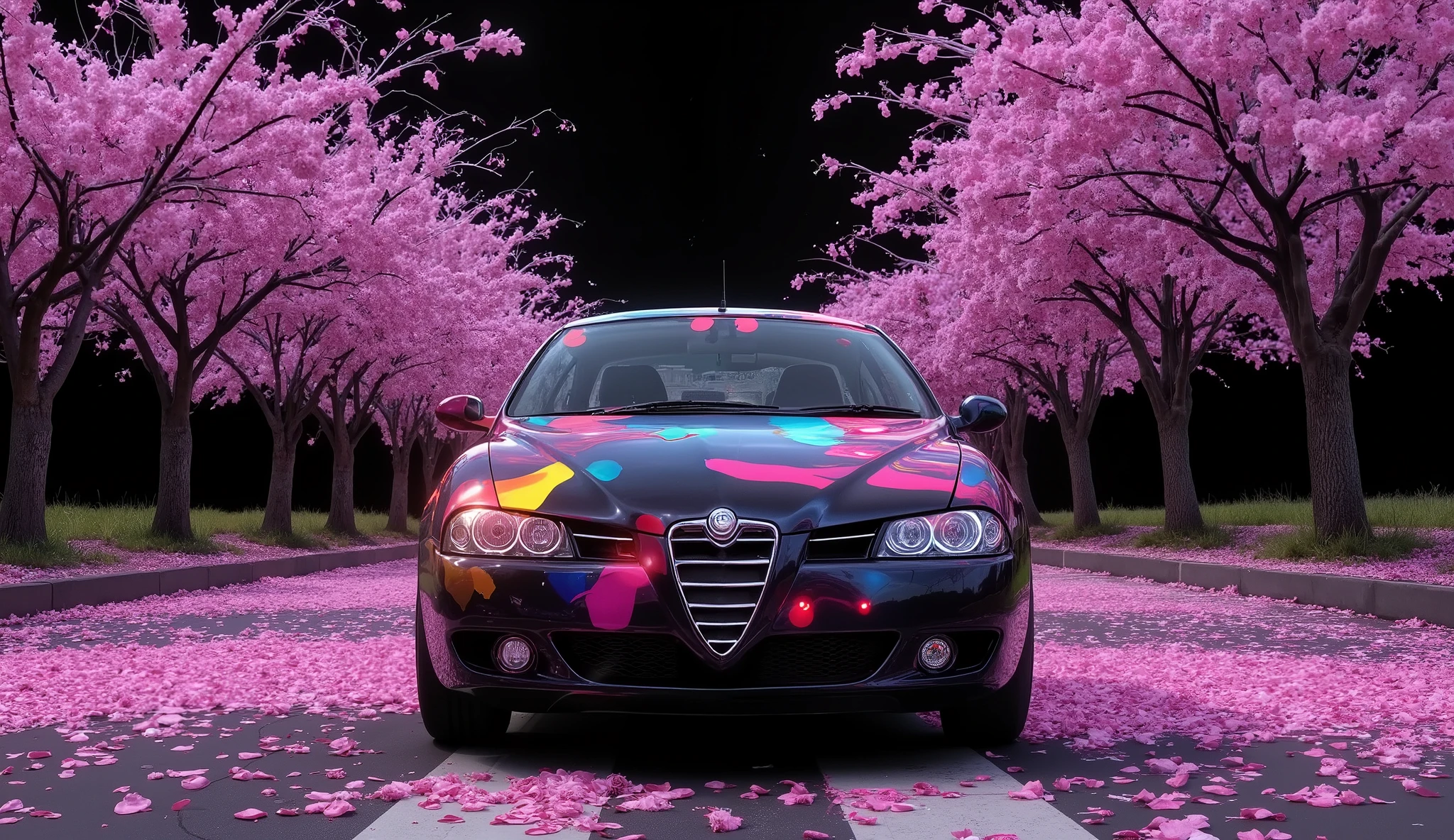 Cherry blossom trees wrapped in neon lights、While the cherry blossom blizzard dances、Alfa Romeo 156 runs through at high speed、cyberpunk art,mechanical art、Scenery shining in neon colors, realistic CG illustration、 8k resolution、realistic、Professional、Extreme Details、Physically Based Rendering、dramatic lighting、vivid colors、 bokeh effects