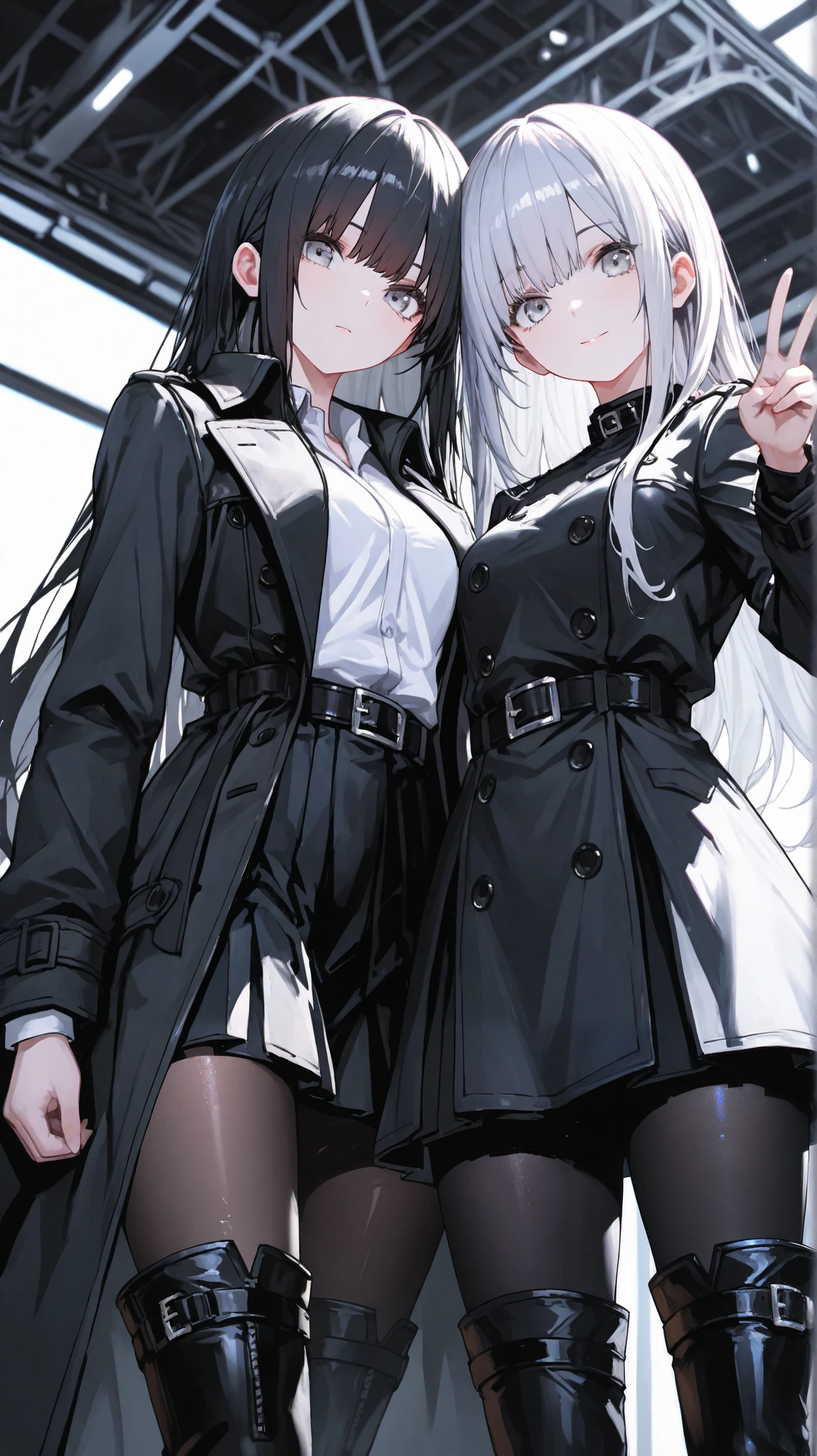 2girls,(BRAKE the first girl: bob hair, silver hair,silver eyes),(BRAKE the second girl: long hair,black hair,silver eyes),(EyesHD:1.2), masterpiece, best quality, ultra-detailed, very aesthetic, sharp focus, depth of field, vibrant colors, ray tracing, best lighting, detailed illustration, detailed background, cinematic,look at viewer, black shirt, shirt, long sleeves, belt, black skirt, black trench coat, black thigh boots,black pantyhose,black skirt, black belt,peace,from below
