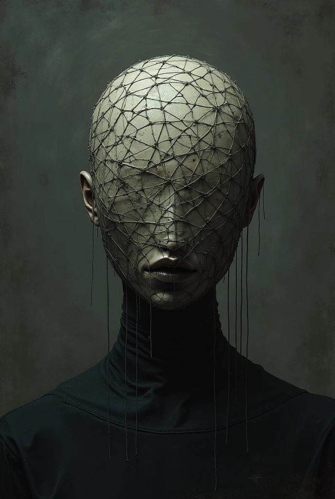 A bald man with no nose no mouth and a blind fold and color less sli 