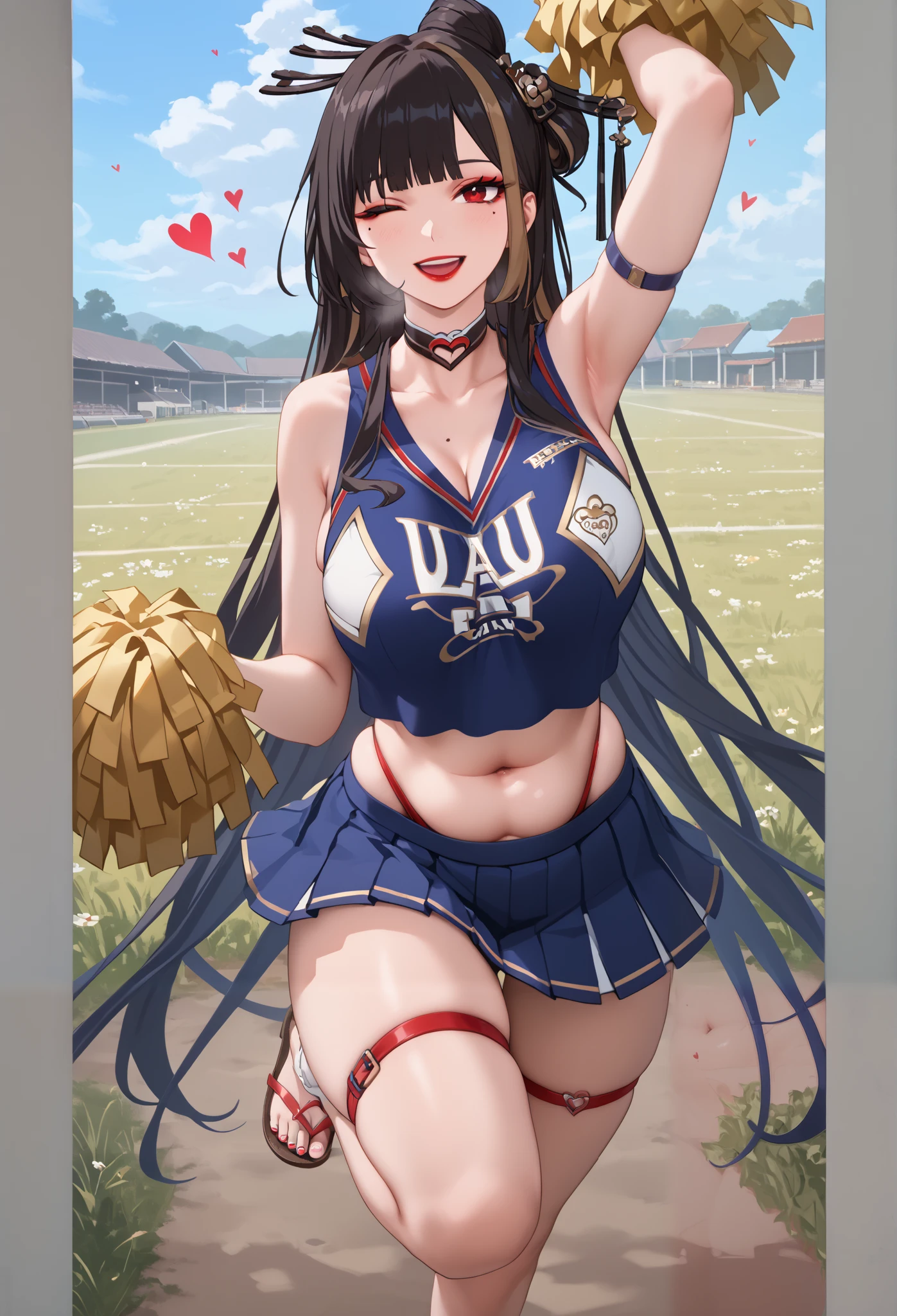 greatm8, babu-style, anime coloring, anime screencap, anime-style detailed background, vignetting, masterpiece, high quality, absurdres, best quality, very aesthetic, newest, dynamic composition, anatomical correct, HD, 4K, digital art, trending on ArtStation, ((anatomical correct)), perfect body, perfect eyes, perfect fingers, gasping, heavy breathing, gasping profusely, cinematic, ((skindentation)), ((curvy)), Ji_Yu_ToF, default_outfit, hair stick, red eyes, mole, hair ornament, long hair, large breasts, makeup, red lips, mole under eye, very long hair, black hair, lipstick, hairpin, mole on breast, ((brown_streaked_hair)), hair bun, eyeshadow, plump, hearts, pleasured, large breasts, sagging breasts, 1girl, breasts, pom pom \(cheerleading\), cheerleader, solo, skirt, one eye closed, navel, smile, midriff, crop top, open mouth, full body, panties, field, looking at viewer, underwear, white background, pleated skirt, thigh strap, thighs, sandals, sleeveless, arm up, bare shoulders, choker, cloudy sky, dusk,