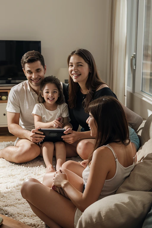 A family of one dad watching television, mom reading and son playing with a gray cat, Todos en la sala 