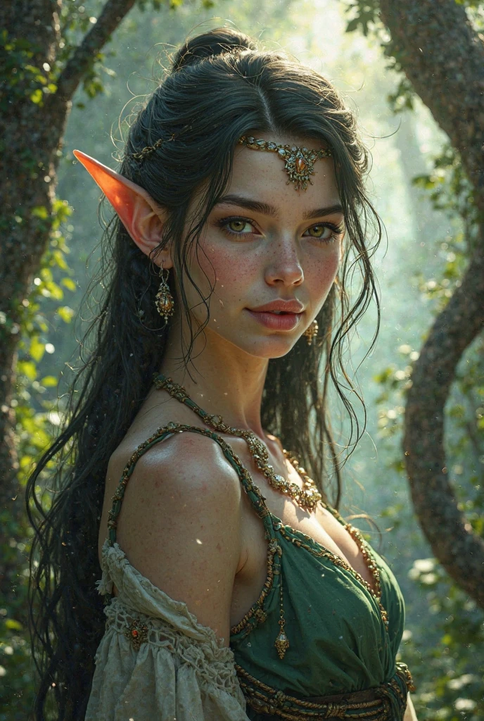 (masterpiece), (extremely intricate:1.3), (realistic), female, 19 years old, ((([small breasts:large breasts:0.6], ((portrait, closeup, closeup, closeup, elven, elf, black ribbons)), standing in lagoon, short undercut shaved [dark hair:blonde hair:0.6]), chin raised, smiling), freckles:0.5, tattoo:1.2, green eyes), metal reflections, outdoor, forest, intense sunlight, far away waterfall, sunset, professional photograph of a stunning girl detailed, sharp focus, dramatic, award winning, cinematic lighting, volumetrics dtx, (film grain, blurry background, blurry foreground, bokeh, depth of field, interaction), 8K