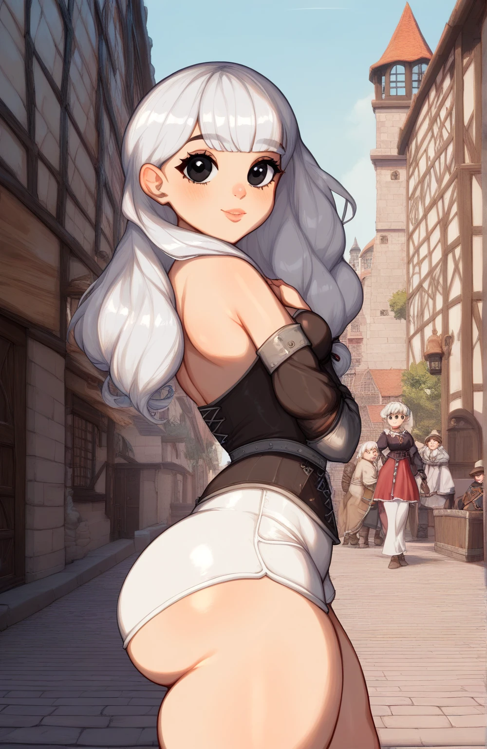 (best quality),(highly detailed),masterpiece,detailed face,beautiful face,white hair,(detailed eyes, deep eyes),(1girl:1.33, solo),full body,very long hair,earrings,(grin:0.9),navel,black elbow gloves,walking,city,sidewalk,black thighboots,breasts,ponytail,necklace,earrings,side ponytail,jewelry,earrings,belt,<lora:rwby_weissschnee-12:0.9>,(pussy),(bottomless),thighhighs,(nude),
