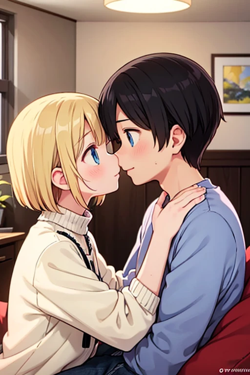 A very fat white and blond boy and another thin black boy kissing on the mouth