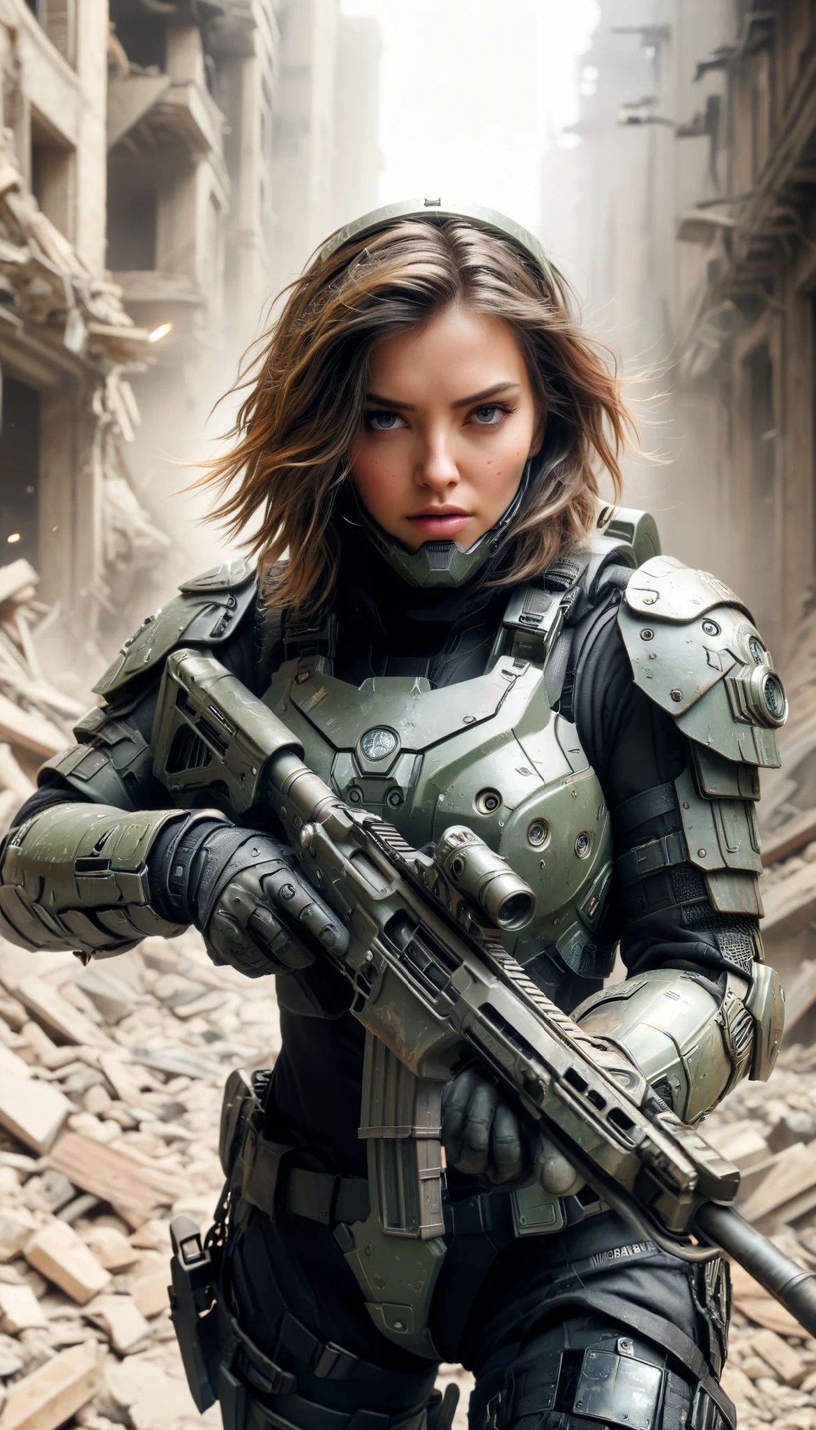 ((best quality)), ((masterpiece)), accurate, high details, Weaponized gloves, mechanical armor, heavy cavalry, science fiction movies, urban warfare, female soldier, major, Hide behind rubble, aim at enemy soldiers. Remove helmet, Shake her sweaty hair