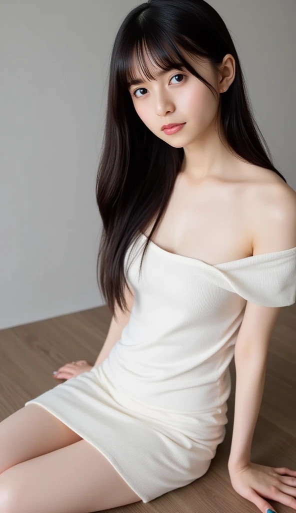 ((Extremely precise and accurate anatomy:1.0)), (photo Realistic:1.4), (hyper Realistic:1.4), (最高品質のRealisticな肌の質感:1.4), (Improvement of quality:1.4), (Enhances the beauty of skin texture:1.1), Clean and glowing skin, mesh, thin:1.2, (Realistic:1.3), Realisticなライティング, (Smoother lighting:1.05), (Improving the quality of cinema lighting:0.9), Backlight, A gentle light on your face, Ray Tracing, (Bright light:1.2), 32K, One Japanese woman, fine grain, Detailed face, (Film Grain:1.1),(Accentuates body lines:1.1), High resolution, Natural look, Kind eyes, Improves hair quality, Delicate light and shadow, Transparent muscles, Graceful pose, Beautiful Eyes, Sharp details, Soft light reflection, Beautiful contours, Delicate skin tone, Fine hair texture, Natural background, ,(((Downward))),((Spread your legs)),A loose-fitting camisole,barefoot,One Girl,Realistic,Bedroom、Looks sleepy