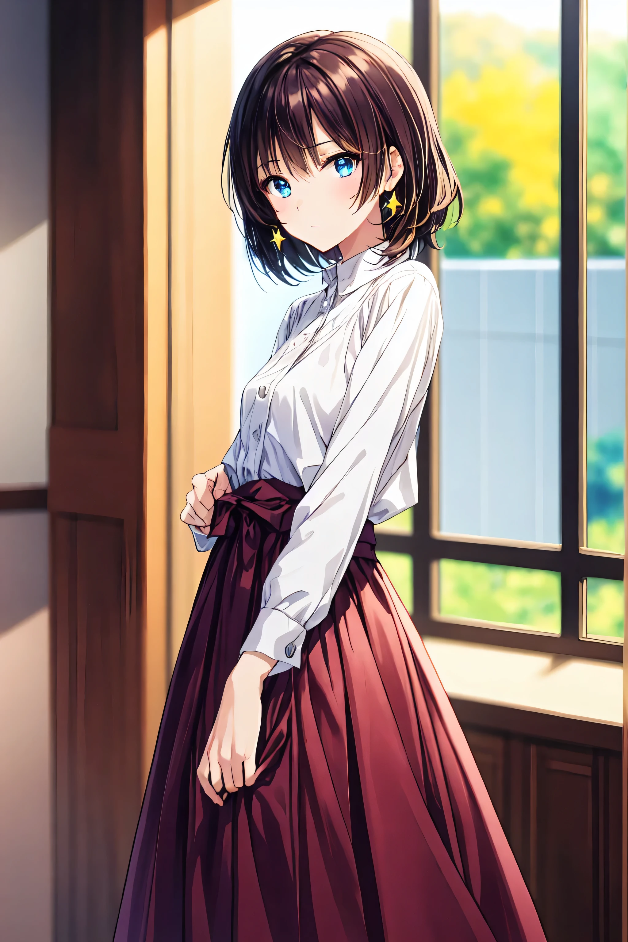 high resolution RAW color photo , professional shooting, (((((bokeh))))), written border depth, Taken with Sony α7 IV,high resolution RAW color photo , professional shooting, (((bokeh))), Depth of Boundary Explanation , camisole、Short hair、chest, hair,White Door Shortcut,左目にボサボサのhair,short braided hair, Neat , Slender beautiful woman, correct posture,small breasts,beautiful legs,Your enchanting gray-blue eyes are shining like stars,[Sleepy eyes ,bright color,beautiful,A delicate smile,textured skin,best quality, A humorous parody of a gentle and beautiful woman ,anime style、
