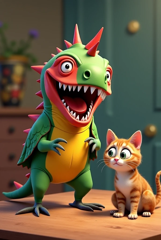 Positive Polly the Parrot in a paper T-Rex costume scaring a cat.