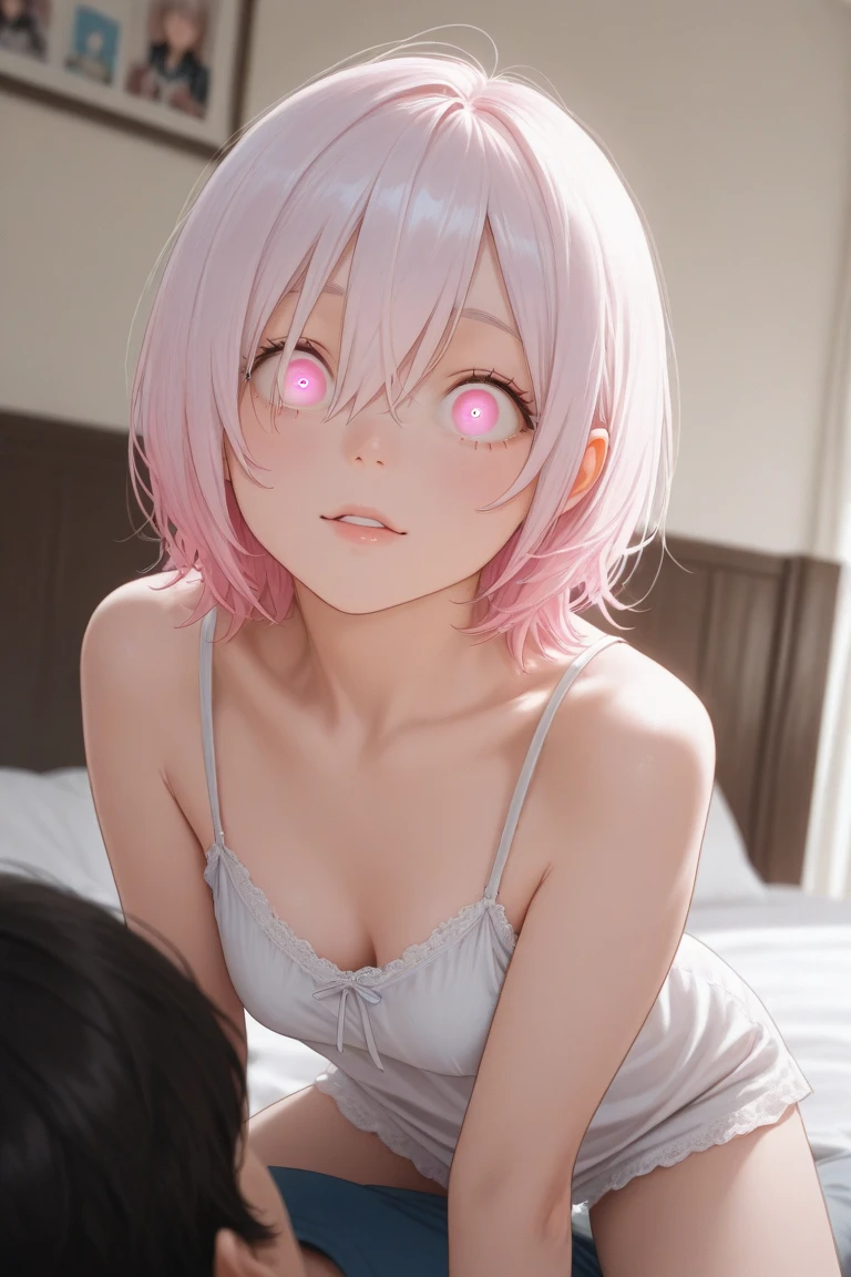 masutepiece, Best Quality,   1girl in,Komeiji Satori,Ahoge, Pink hair,Pink eyes,Short hair,shairband,  3rd eye, Bedroom background,fullnude、laying on back、red blush、full body seen、Crotch open