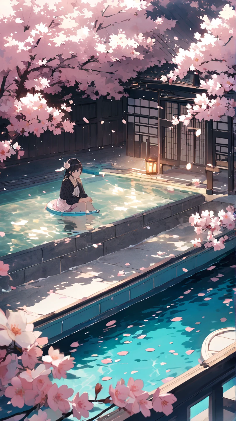 Cute art style, open-air bath, small torii gate, hot spring, evening, cherry blossoms, illustration, background only, Bird's-eye view