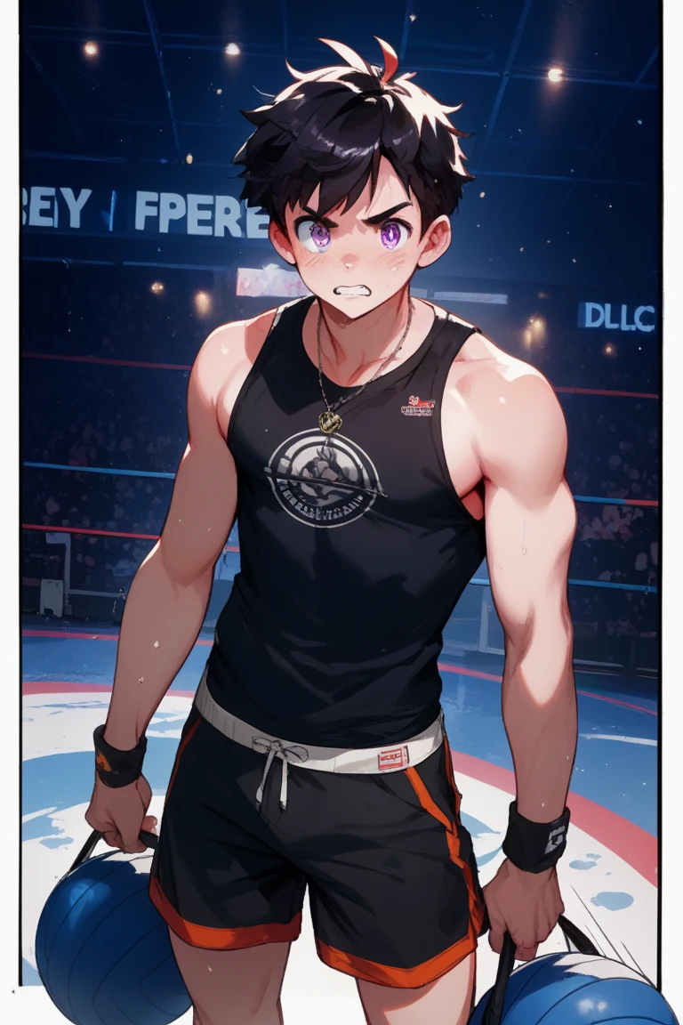 Solo, Male, (Short Brown hair, Blue eyes, Cheerleader outfit, (Tank top, Shorts), black choker), Detailed background, Playground, (Night, Foggy), Tape mouth gag, Hands tied up with tape, Legs tied up with tape, On knees, Tears