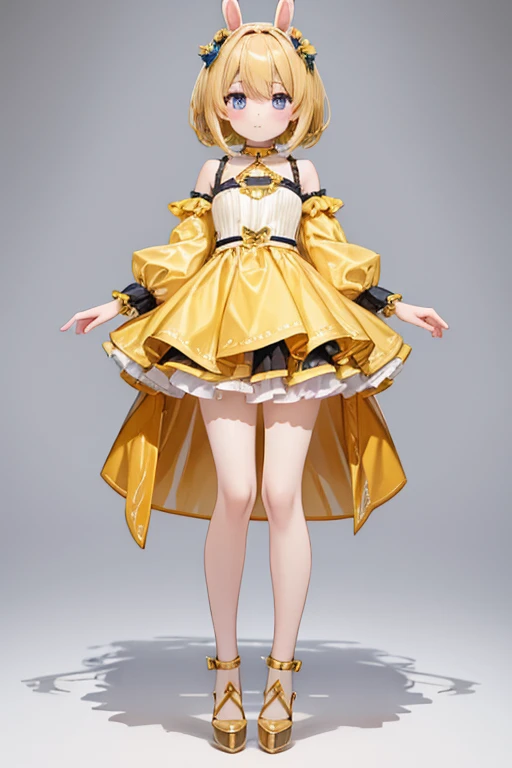 girl in a very short skirt, yellow hair twin ponytail on both sides, full height, bottom views without panties, 3D wallpaper.