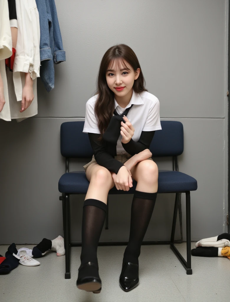 Long black hair, white skin, Chinese, young, thick eyebrows, black eyes, white school uniform, green tie, small waist, short blue skirt, white socks, in the classroom, sitting on a chair, feet also placed on the chair, revealing white panties, legs apart, brown school shoes, realistic, 8k, masterpiece, high resolution, high resolution, anatomically correct, high resolution, inspired by Marin Kitagawa in anime