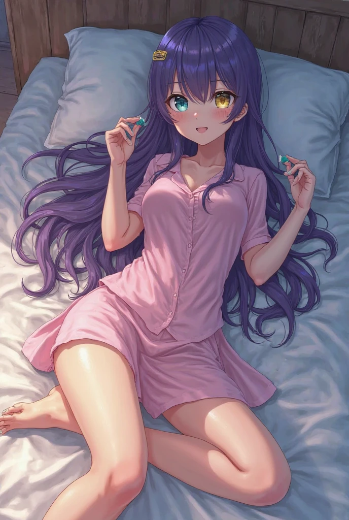 beautiful woman with long purple hair with bangs covering left eye and hairclip,two different eye colours teal on the right and yellow on the left. She wore a pink pyjama,barefoot ,has a slim but well endowed body, detailed body ,detailed face, detailed hands and legs, lying down in bed,full body view,high quality, Tokyo city,night