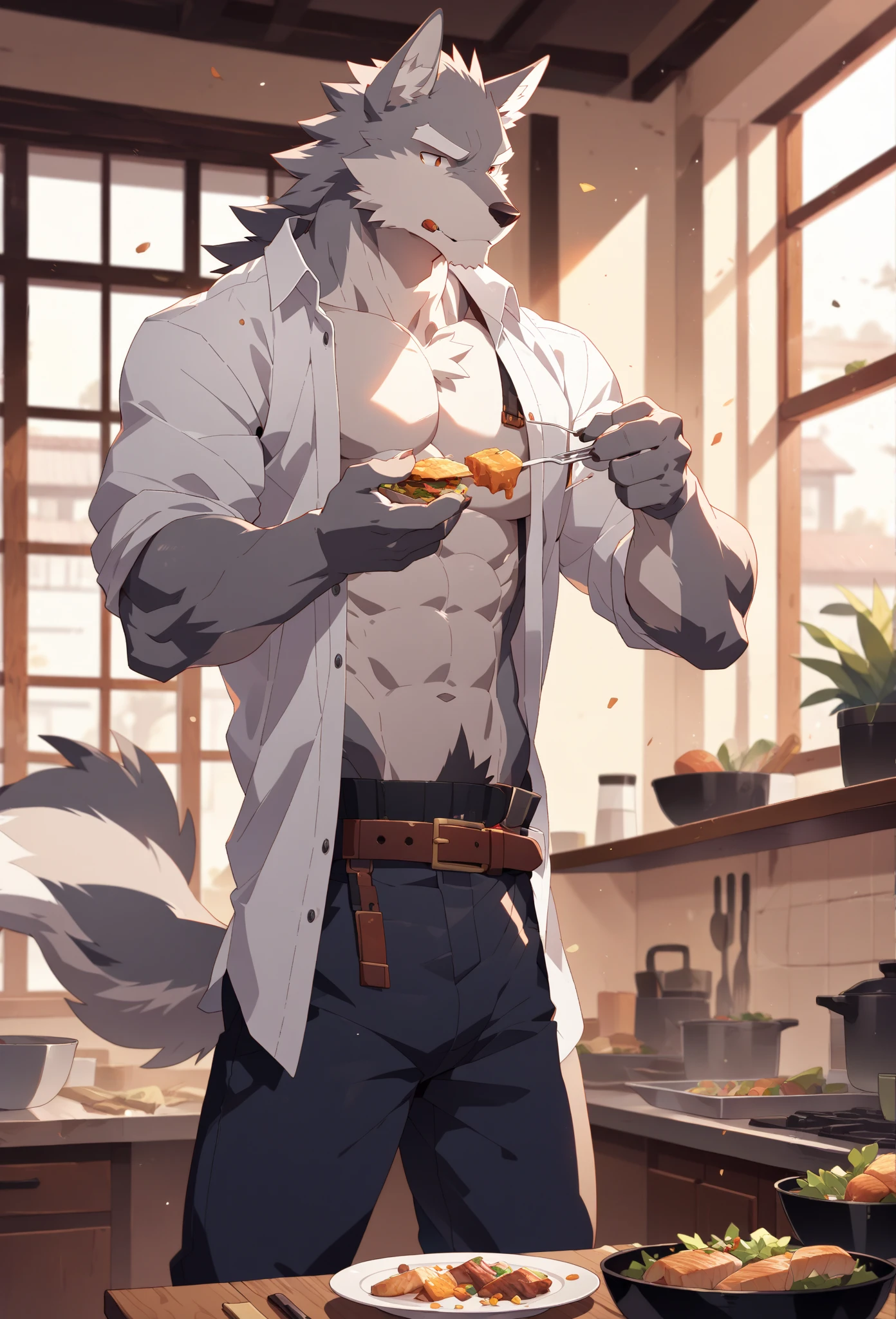canid, canids, wolf, by zixiong, 
solo, anthro, male, (white fur, white body, white eyebrows),
clothed, open topwear, open shirt, white shirt, belt, pants, 
blue eyes, humanoid hands, food, eating,
inside, kitchen, window, sunlight, plants,
detailed background, masterpiece, best quality,