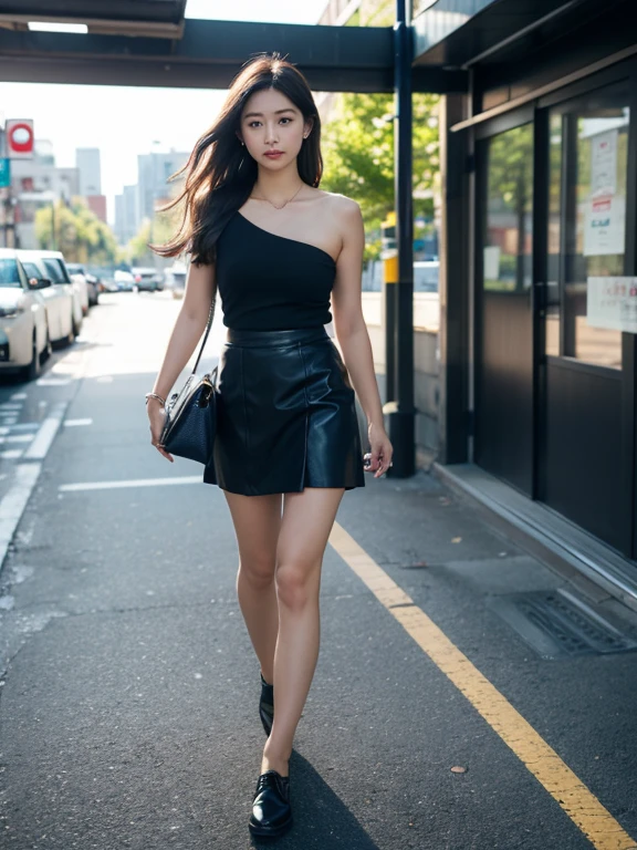 best quality,masterpiece,ultra high resolution,(actual:1.4),original photo,ultra high definition,lifelike,Surrealist 8K,1 girl,tall,long legs,Exquisite makeup,red lip big wave,Royal Sister Fan,summer,fashionable clothes,tight bottoming skirt,Black pantyhose,High heel,Outdoors during the day,walking street,street photography,Super cool,model