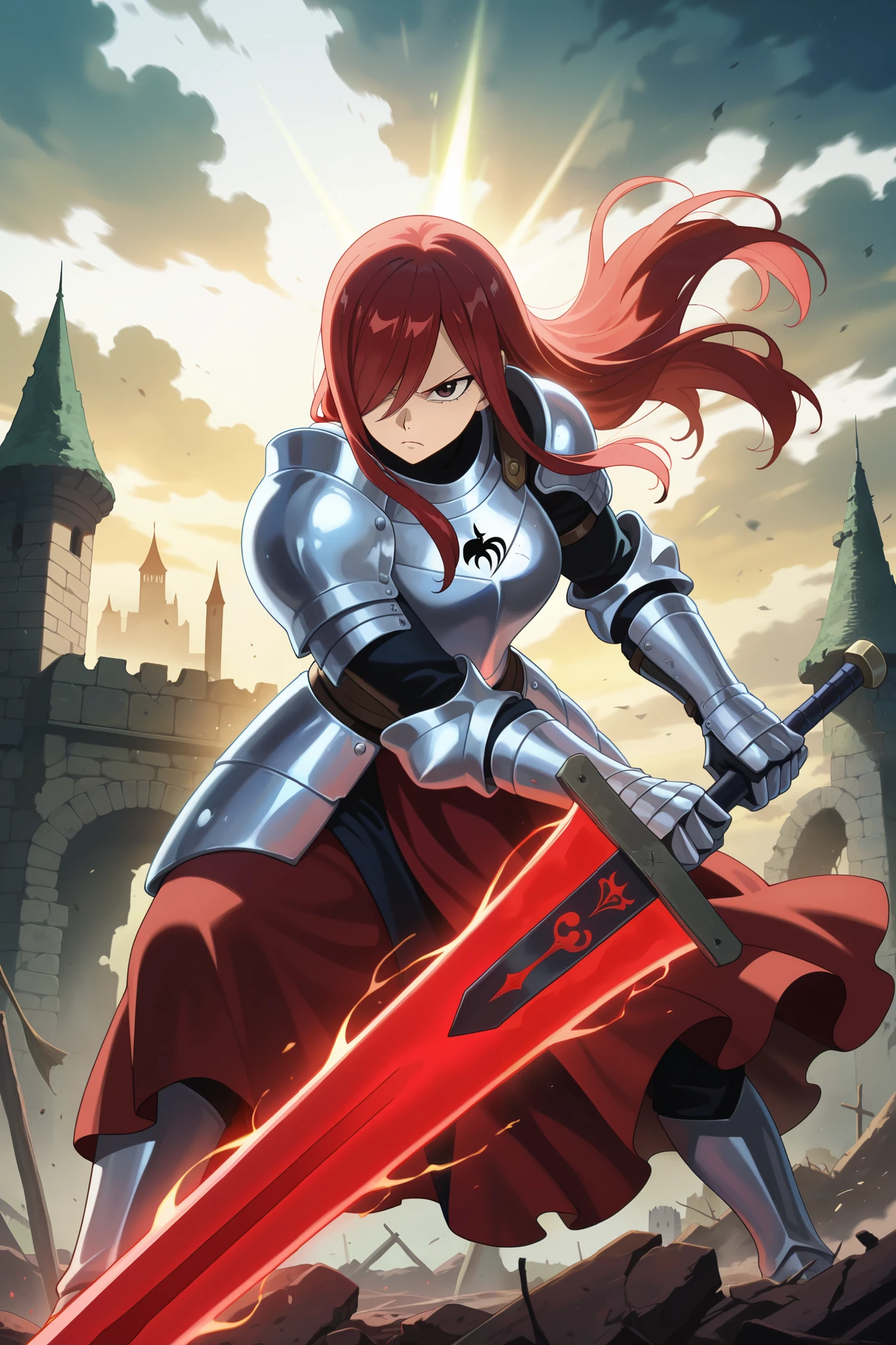 very aesthetic, highres, newest, anime screencap, anime coloring, 2d, 1girl, erza scarlet, masterpiece, 8k, photorealistic, ultra-detailed, hyperdetailed, digital art, fantasy landscape, dramatic lighting, vibrant colors, detailed facial features, intricate armor, flowing red hair, determined expression, large sword, glowing magical energy, medieval castle ruins, moody cloudy sky, golden sunlight rays