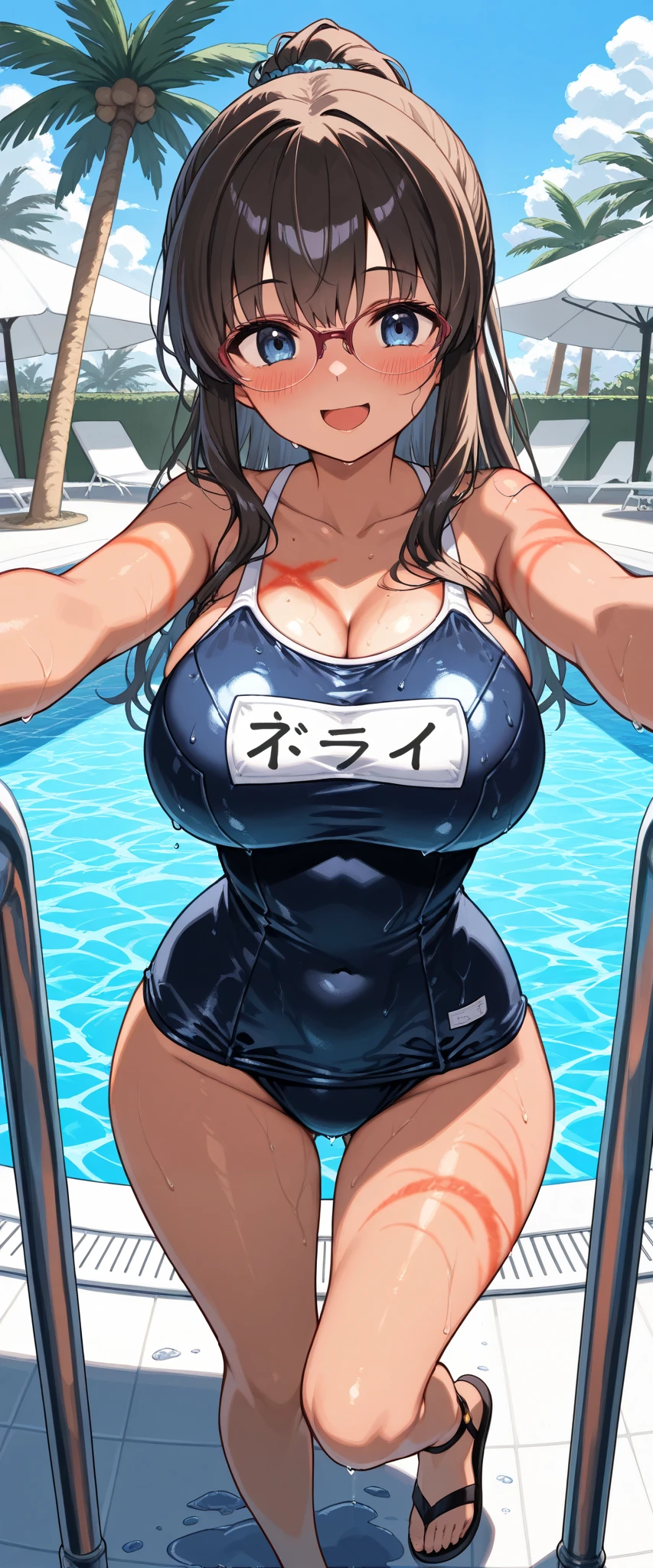 (masterpiece), best quality, , perfect face,1 girl,dawn,,big breasts,wide hips, thin waist, (Sexy Girl),school swimsuit, salon,Heeled Sandals, is nice_feet,blushing,smile,Swimsuit model,is standing, feetを開いて,wet,wet body,excited,posing for the camera, beach resort , Pool Party ,poolside, coming out of the pool ,palm tree,cowboy shooting, sunburn marks,glasses