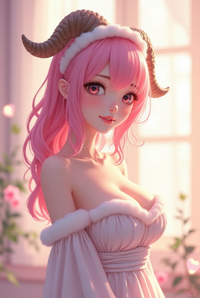 Face close-up、short hair、girl1、smile、cherry blossoms、red eyes、Open your mouth、Pink Lips、Large Breasts、Cleavage、night、Starry Sky、Hide your arms behind your body、Glowing Hair、moonlight、(looking down:1.2)、inwardly curled hair、Two horns
