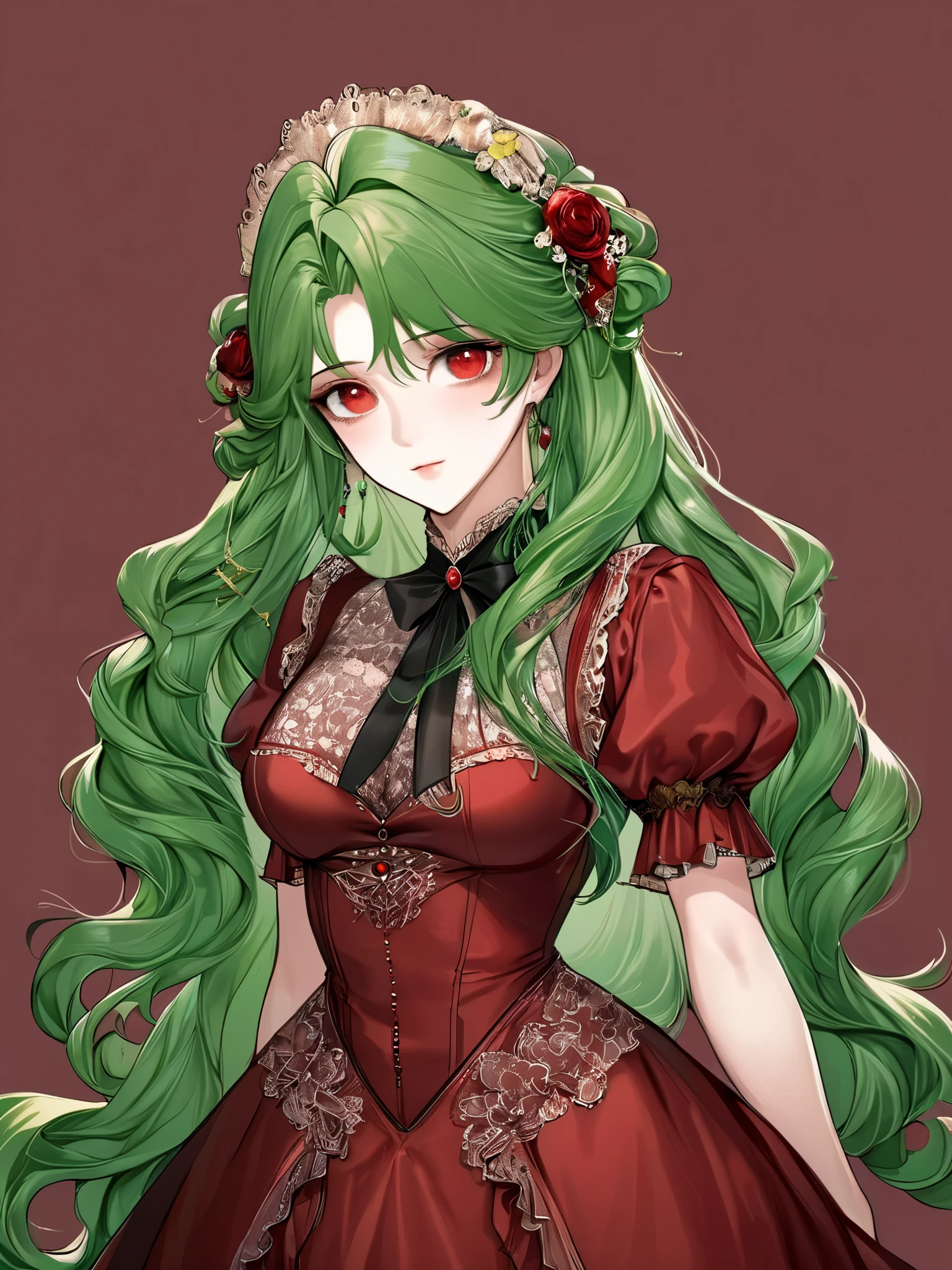 (extreamly delicate and beautiful:1.2), 8K,(masterpiece:1.0),(best_quality:1.0), 1 girl, and intricate detailing, Enlarged textures, and intricate detailing, finely eye and detailed face, and intricate detailing, green long curl hair, (sweet smiley), Perfect eyes, Equal eyes, red eyes (A famale god) with red maroon victorian lady manhwa dress, look at camera, green long HAIR, Red EYES, green long HAIR, red EYES, Full body, simple background, red maroon victorian lady manhwa dress, perfect body, simple background, hairpin, full body, full body