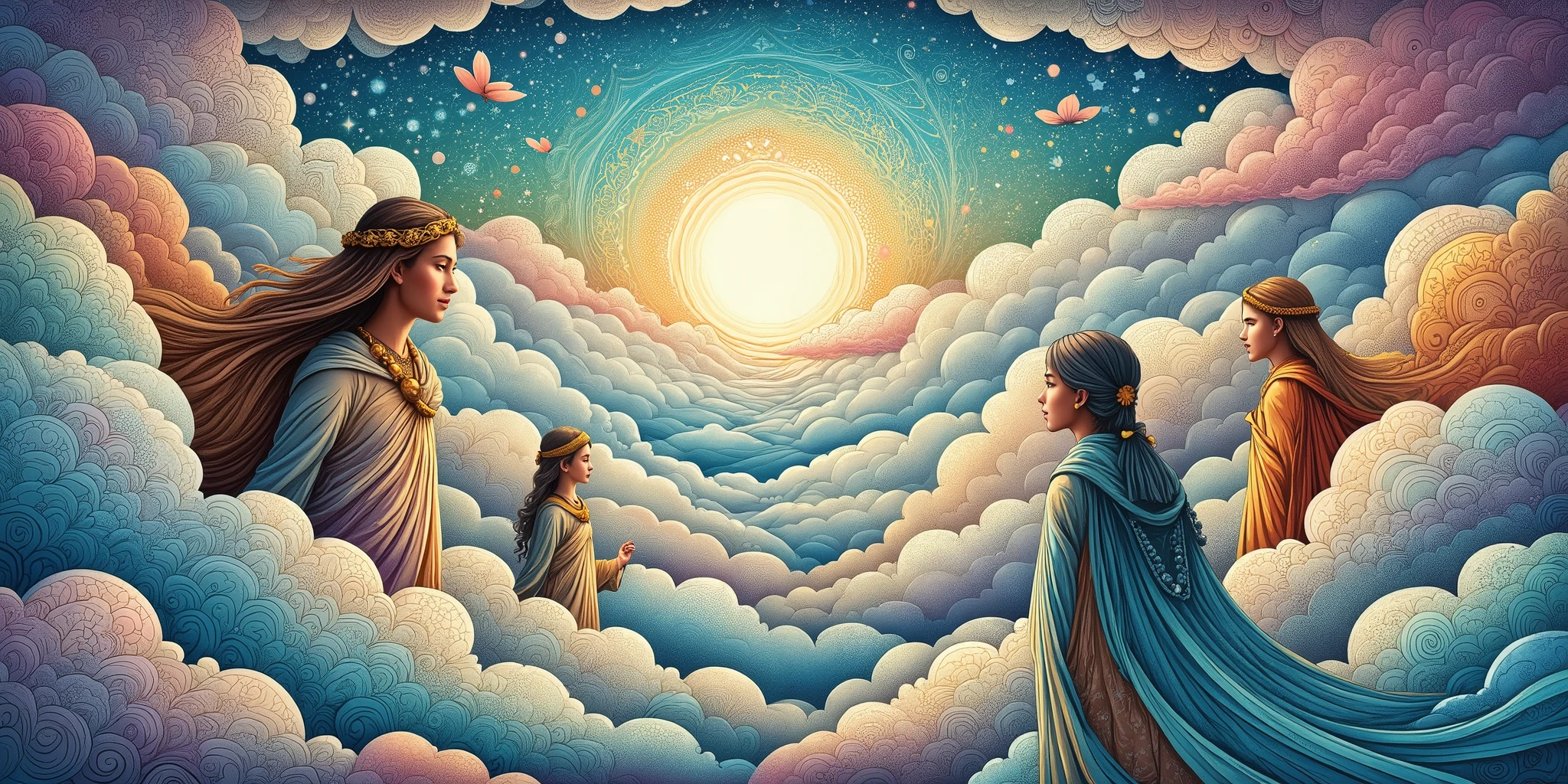 Girl dreaming of being in the clouds talking to 4 entities: jesus, Buda, Mithras and Allah. lighting: Celestial and soft atmosphere.