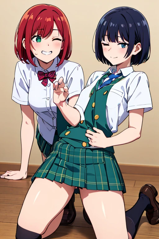 2 girls , classroom,floor,Yukinoshita Yukino , (full breats Yuigahama Yui ), physical education sitting ,wear sneakers, (Sole of foot 1.0),blazer,shirt,check skirt,(Pussy cameltoe in panties:1.0),(pink lace panties:1.0),(white lace panties),
