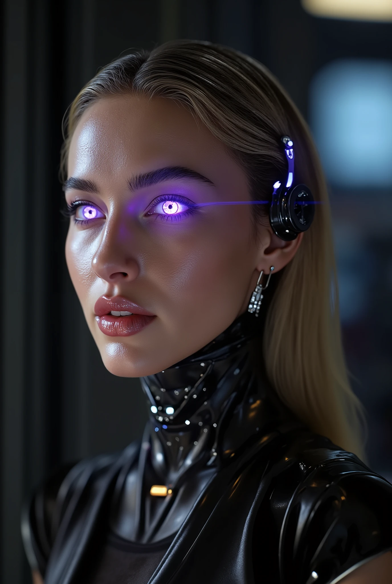 Izabela ion mind control device, mind control collar, glowing purple hypnotized eyes, detailed portrait, woman wearing futuristic mind control device, purple glowing eyes with hypnotic stare, collar, e, cinematic composition, digital painting, highly detailed, 8k, photorealistic, , she is smiling, with a man talking advantage of her