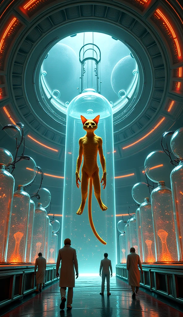 There is a statue of a green cat sitting on a white surface, character is covered in liquid, Translucent body, sofubi, anthropomorphic female cat, The covered by a transparent cloth, Transparent body, anthropomorphic cat, toxic cat, yoshitaka amano octane render, liquid cat, cyborg kitten, transparent holographic being