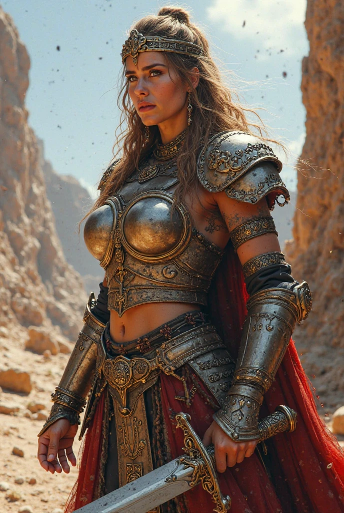 Una mujer vestida como Xena, The warrior princess and with a strange style of hair and makeup, Pose for the cover of a rock metal album. (La mejor calidad)  obra maestra (pechos grandes) ((cabello rubio)) (cuerpo delgado)
