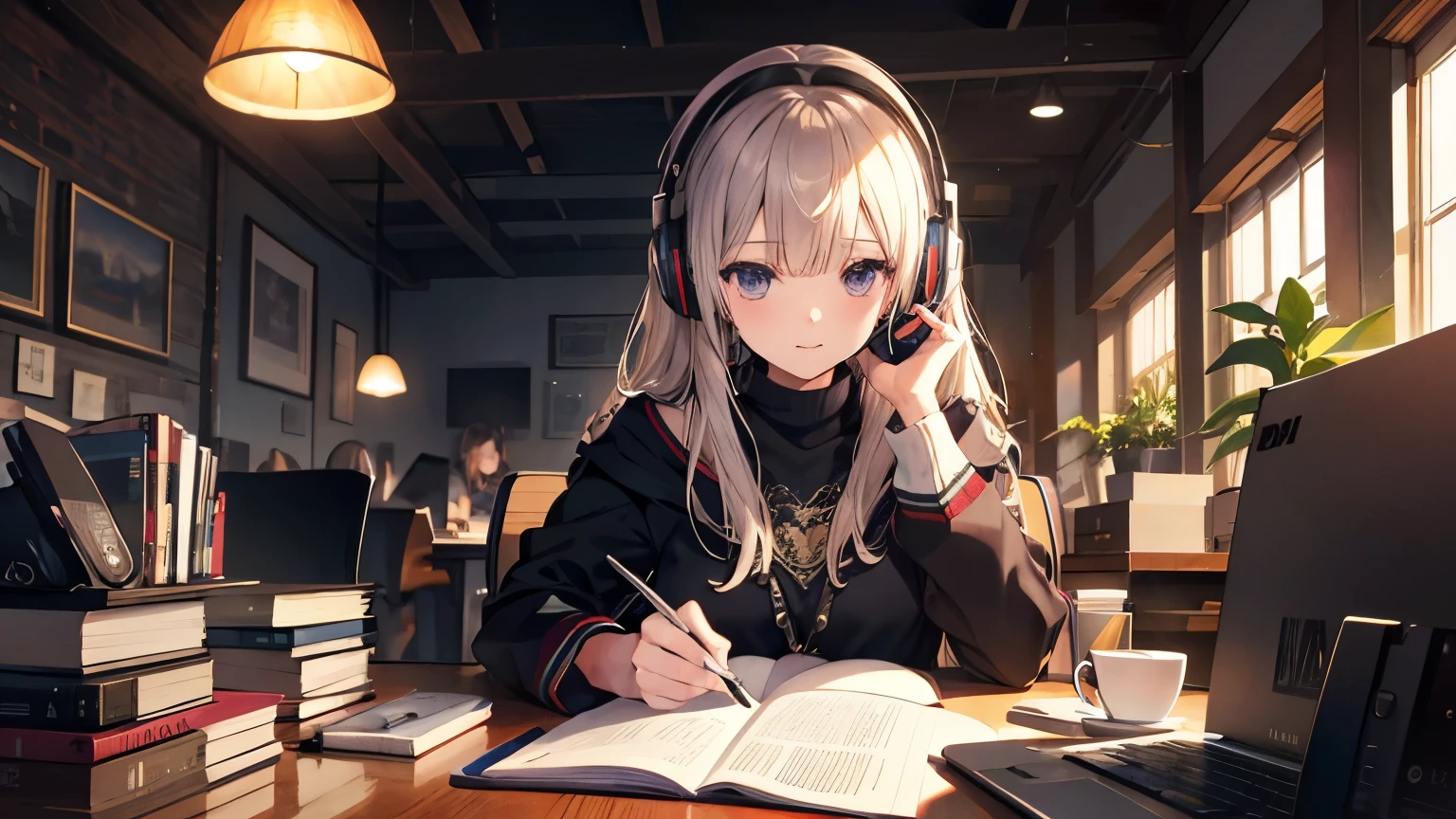 studying at her desk、headphones,peace,fantasy,4K,8k,high resolution,masterpiece,