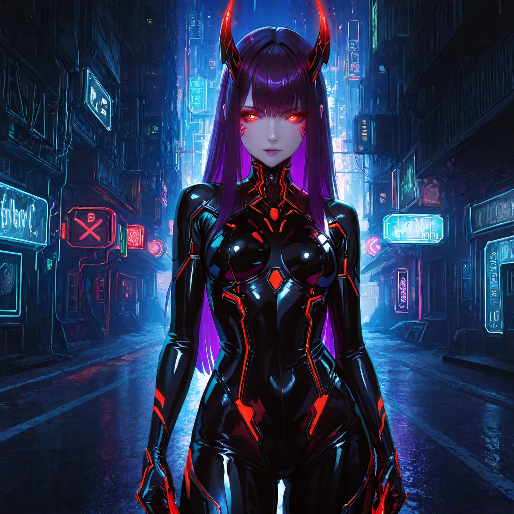 beautiful cyberpunk vampire. night, neon, volumetric light, high dynamic range