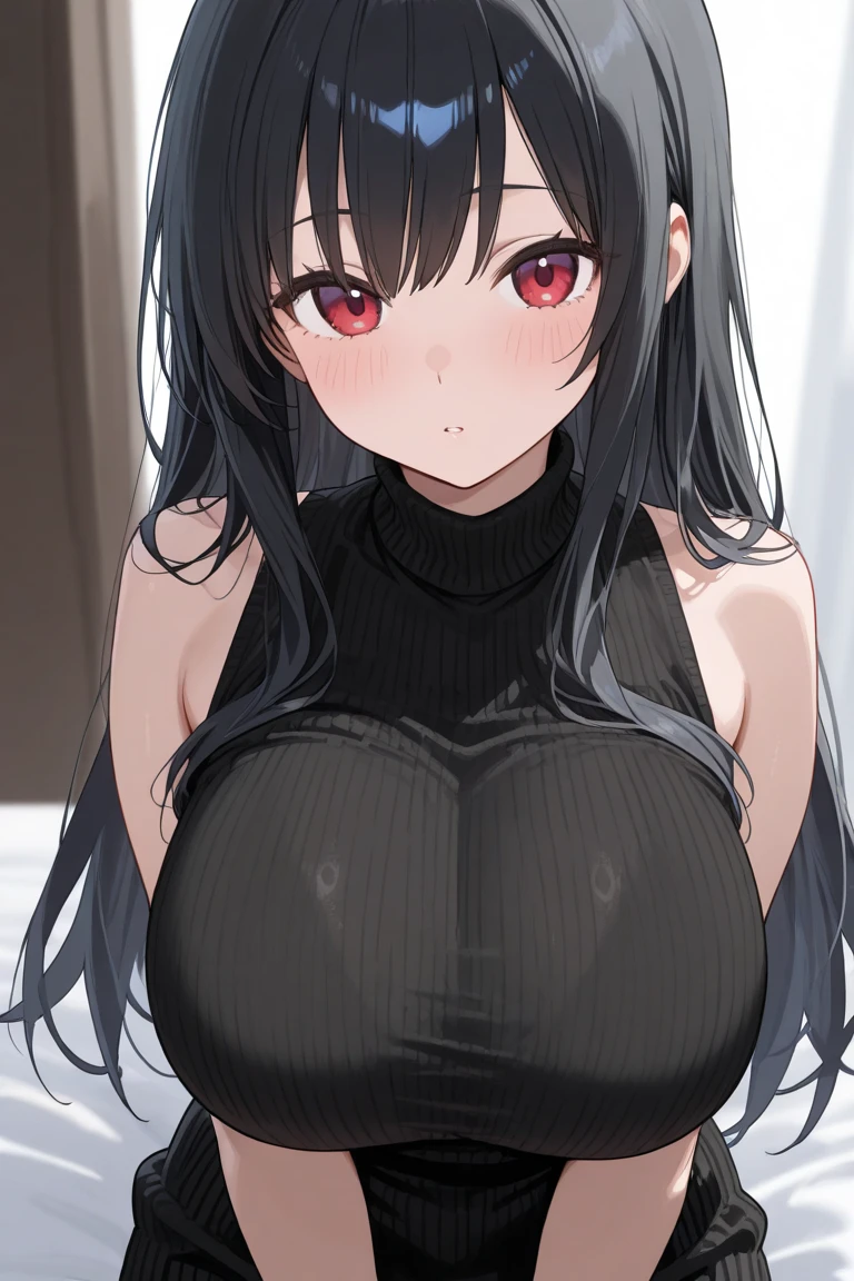 1 girl, pale skin, gray shoulder shirt with black stripe, with black panties, black socks, devil tail, black hair with long bangs, straight black horns, big boobs, with red eyes and big lashes, sexy poses
