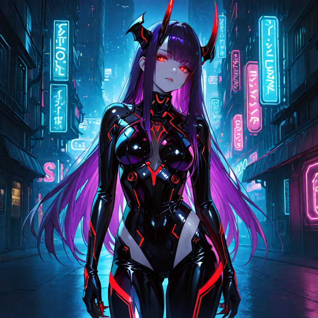 beautiful cyberpunk vampire. night, neon, volumetric light, high dynamic range