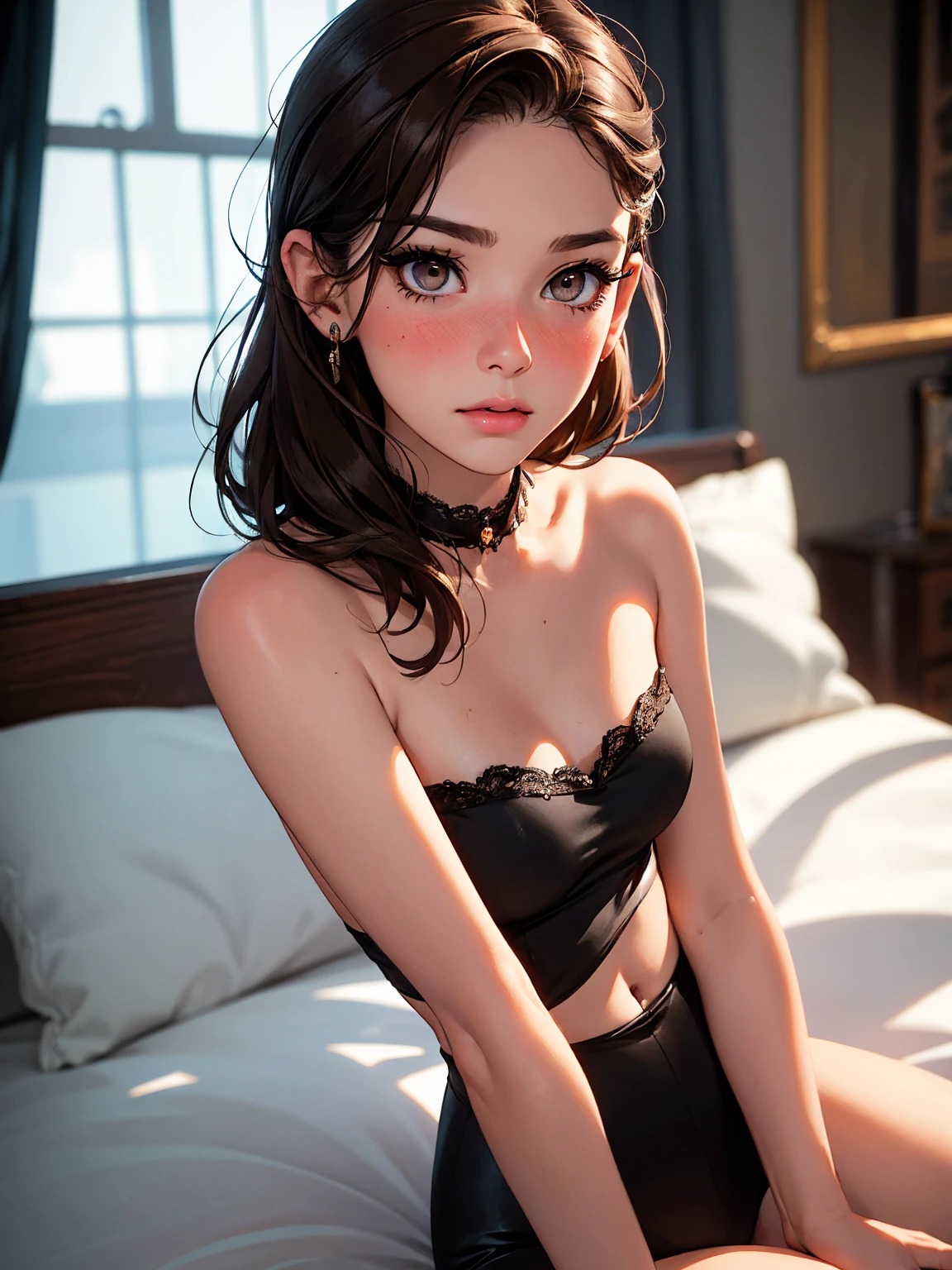 Delicate facial features，Big eyes，micro-curly hair，Tall，fullllbody，the Long legs，Nipples show through