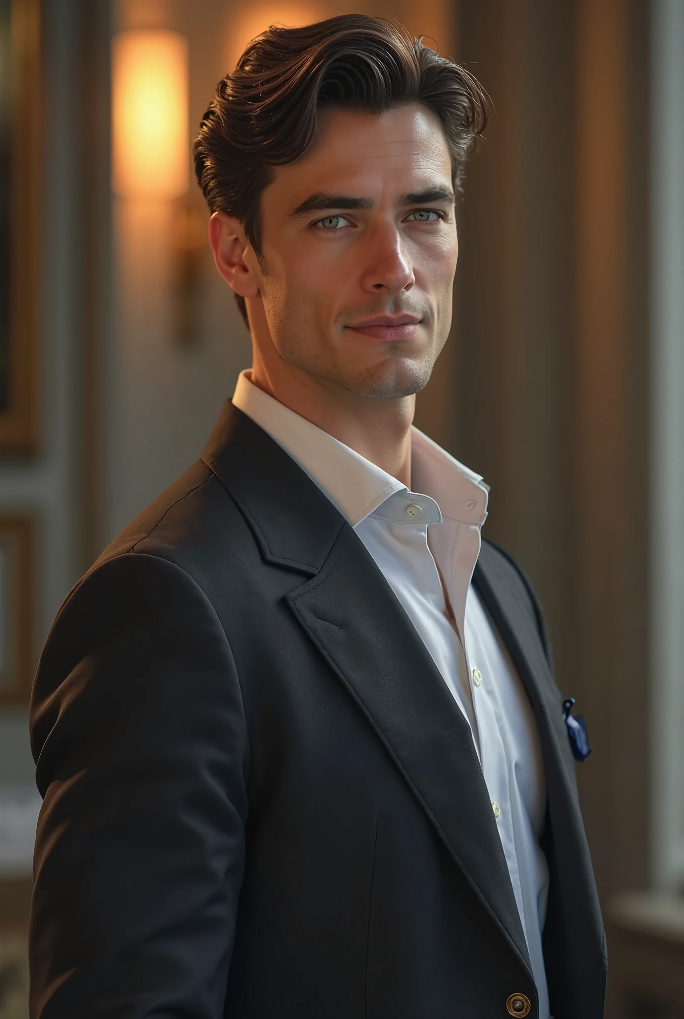 A tall man with short, dark brown wavy hair and a calm, confident expression. His face is oval-shaped, with sharp features, a straight nose, and expressive blue or green eyes. He has a gentle smile that conveys charm and sophistication. His skin is fair, and he has a lean, athletic build. He is dressed in a smart, tailored outfit, exuding a refined and intelligent aura, with a background that gives off a calm and sophisticated atmosphere, possibly with soft lighting that highlights his elegant demeanor.