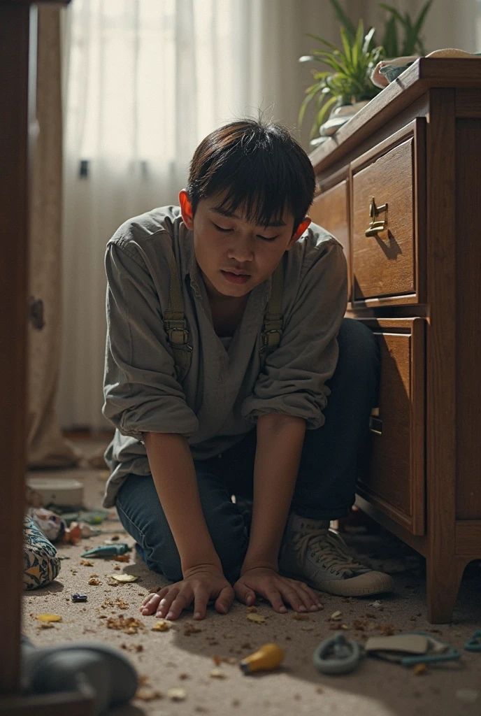 best qualtiy, Full body like，Covered in scars，Four-year-old boy,Laundry is tattered，prison scene，kneels on the ground。