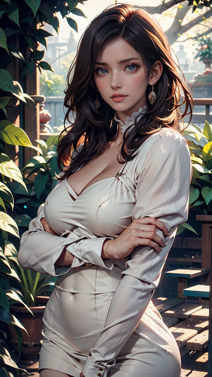 Anime girl in 80s anime style sitting in a flower field and looking at the camera, smile. pastel colour、Sexy proportions、Sexy、Blouse unbuttoned to highlight cleavage