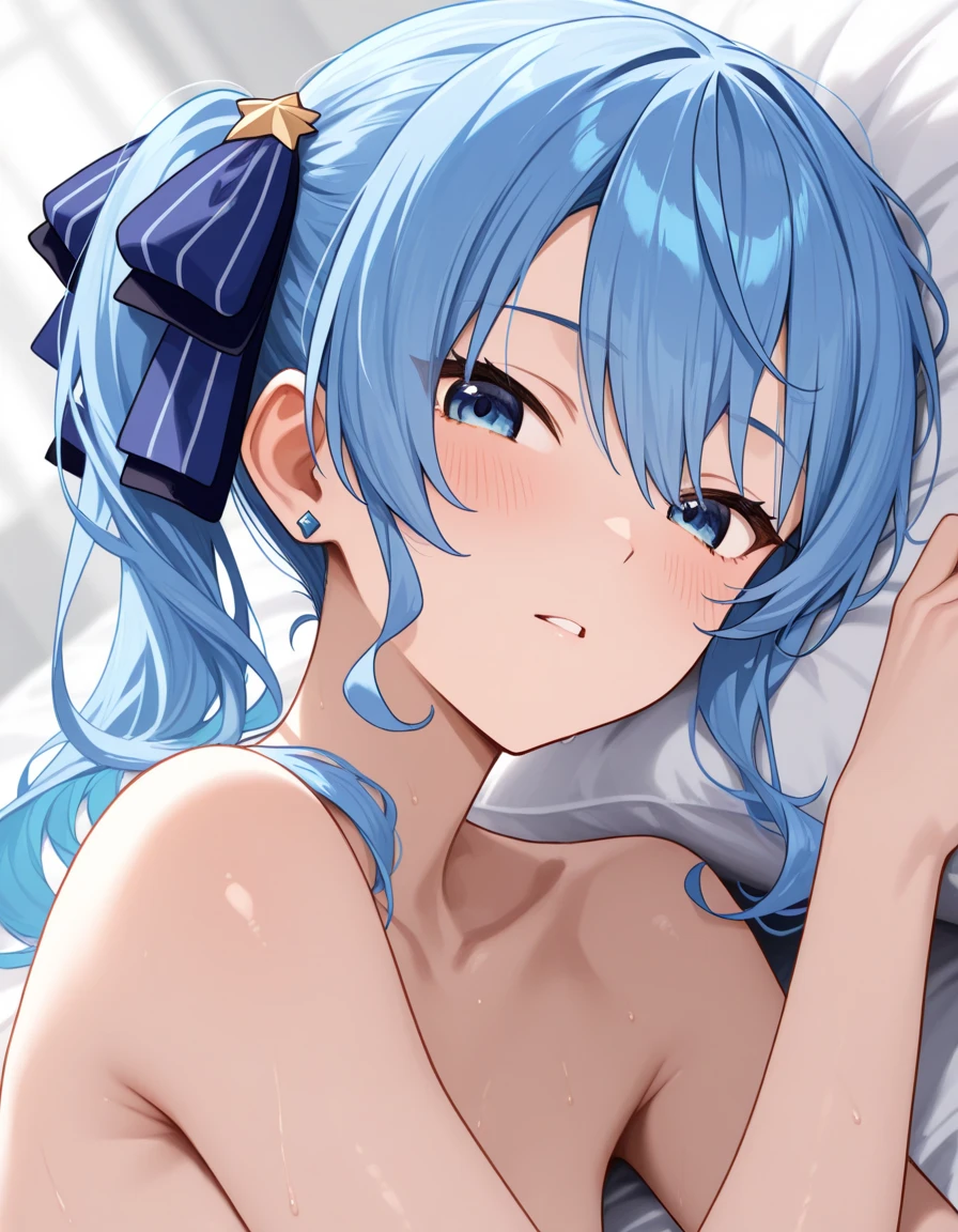 Tabletop, Highest quality, shape, Very detailed, In detail, High resolution, 8k wallpaper, Perfect dynamic composition, Beautiful attention to detail, ,Medium Hair、Natural color lips, Bold sexy pose,smile,((One blue-haired 20-year-old girl))、Big Breasts、Big Ass、Lying in bed、cute、sexy shot looking at camera