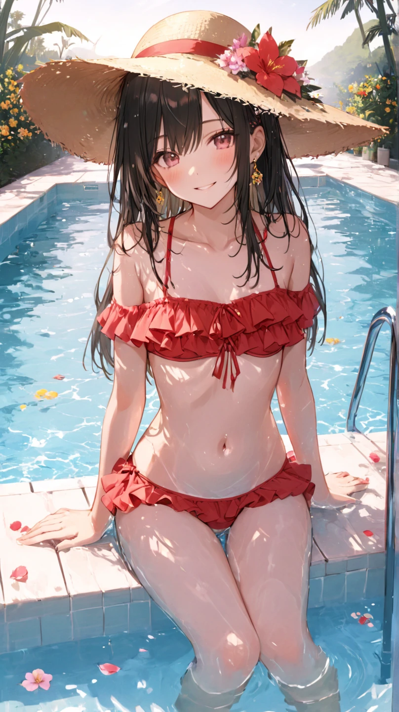 Wavy black hair、red eyes、Beautiful girl alone、bikini in pink color、Bright red rose garden、 sitting on