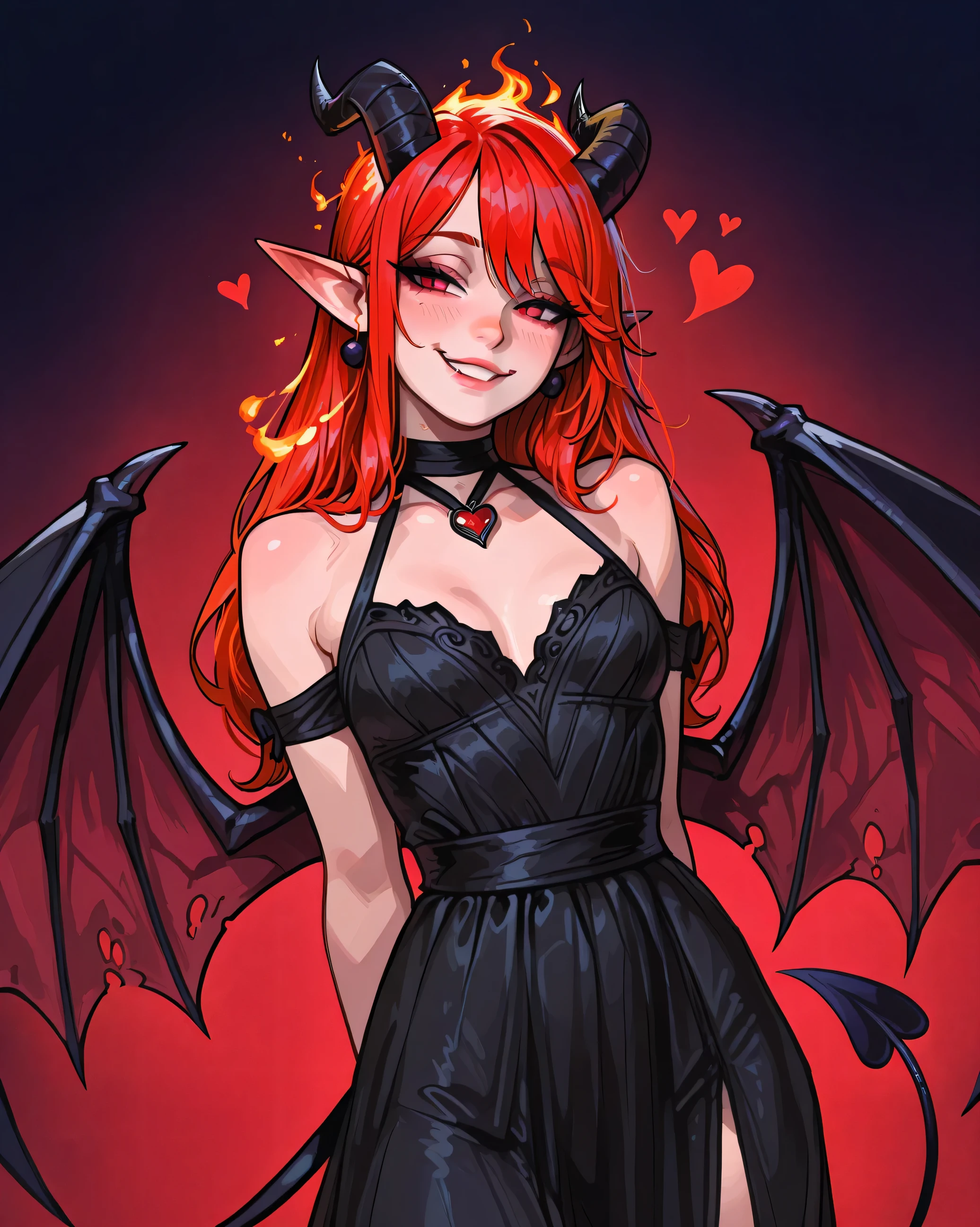 A demon girl, demon horns, demon tail, demon wings, with a sexy, lush shape and a mischievous smile. She has short, slightly disheveled fiery red hair with black horns sticking out of her head and eyes with a sly squint giving her a playful look. She has pointed elf-like ears and a long, thin tail with a pointed tip behind her back.
She is dressed in an elegant black dress with open shoulders, emphasizing her figure. Small hearts hang around her, creating a sense of flirty and slightly devilish charm. The background is minimalistic and the haze emphasizes her mystical image.
