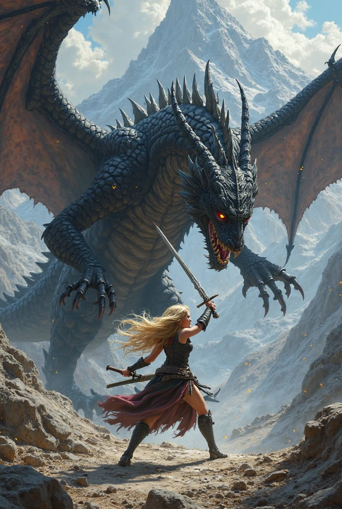 Red Dragon,flying towards woman,black volcano releasing blue gases,sunlight illuminated the clouds,volcano landscape behind the battle,woman looking at dragon flying towards her,holding a scarlet sword and his hands,anger showing on your face,long bright green hair,ultra detail red eyes,various perspective