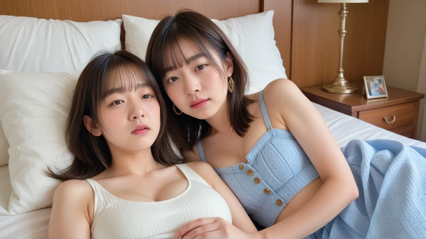 Photorealistic and high quality。Sharper image quality。NSFW。Leaning forward。V-neck T-shirt。Showing off her cleavage。Sunny hotel balcony。The light is on my face。short hair。Auburn Hair。Wavy Hair。See-through bangs。No makeup。Beautiful 21 year old Korean girl。The corners of the mouth are raised。
